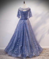 Unique Round Neck Tulle Lace Long Semi Formal Dresses, Blue Lace Evening Dresses